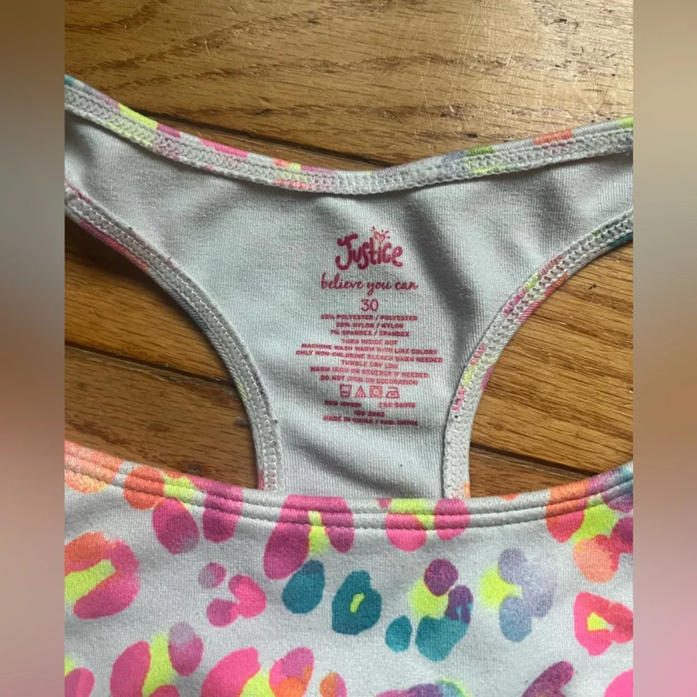 Justice Girls White Rainbow Color Leopard Print Sports Bra Racerback Tank Sz 30